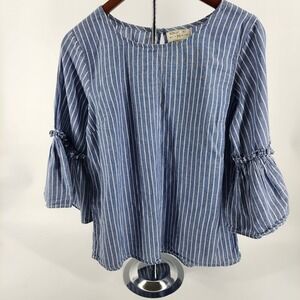 MIDNIGHT SKY Womens Large Denim Stripe Flare Sleeve  Boho Shirt Top‎